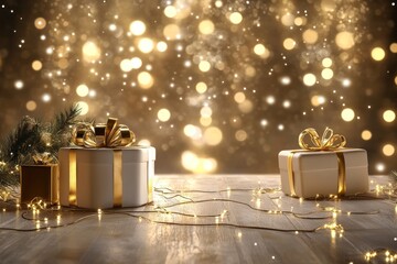 Warm Christmas ambiance, soft golden lights, shiny ribbon details, podium and gifts 3D scene