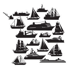 Various sailing ships cargo vessels and yachts in silhouette cargo ships boats
