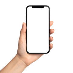 A person's hand holding a phone with a blank screen. The image showcases a close-up view of a hand