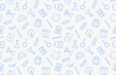 School supplies seamless pattern. Back to school linear icons endless background. Recolorable seamless pattern for printing, svg format