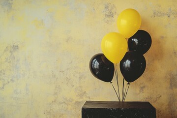 Vintage-style podium with yellow and black balloons, textured background, sale ad aesthetic