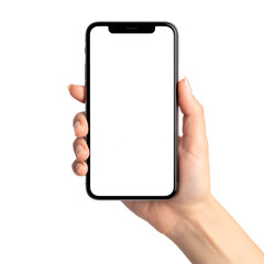A hand holding a modern smartphone with blank screen