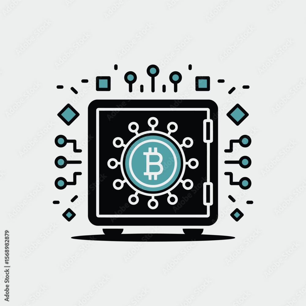 Poster minimalist vector illustration of a black safe containing a teal bitcoin symbol surrounded by a circ