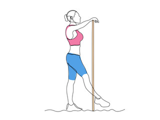 A girl does exercises, gymnastics, Pilates, aerobics lying with gym stick. continuous single one line art hand drawing sketch logo