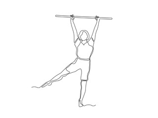 A girl does exercises, gymnastics, Pilates, aerobics lying with gym stick. continuous single one line art hand drawing sketch logo
