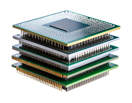 Pile of Advanced Microchips with Visible Circuitry  Isolated Transparent Background