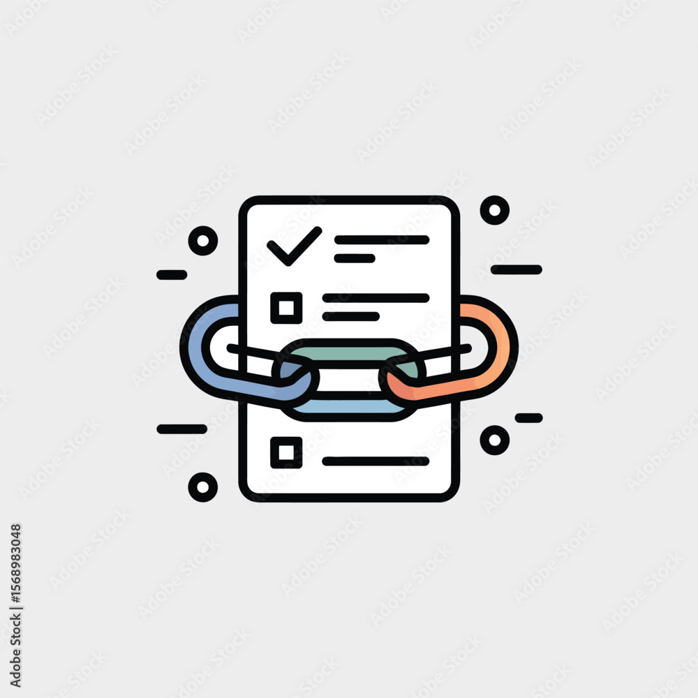 Poster minimalist vector illustration of a checklist document secured by a colorful linked chain depicting 