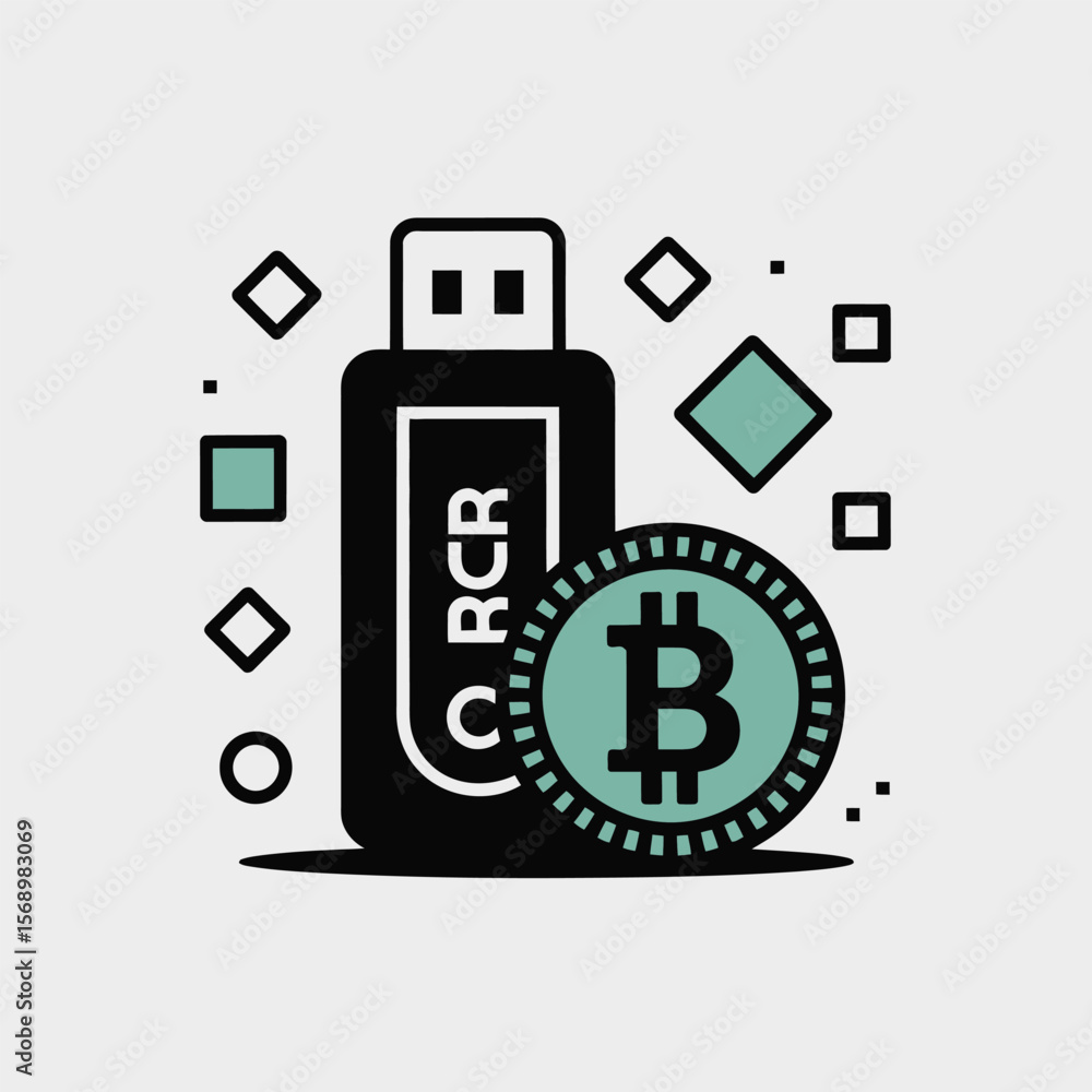 Poster minimalist vector illustration of a black u s b flash drive with the acronym c r c r and a teal bitc