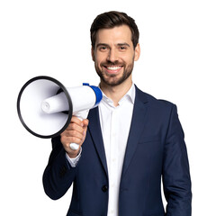A man in a suit holding a megaphone, conveying an announcement, and smiling