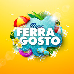 Buon Ferragosto Italian Summer Festival Design with Flower, Summer Holiday Elements and Typography Letter on Abstract Yellow Background. Vector Italian Language Midsummer Illustration for Banner
