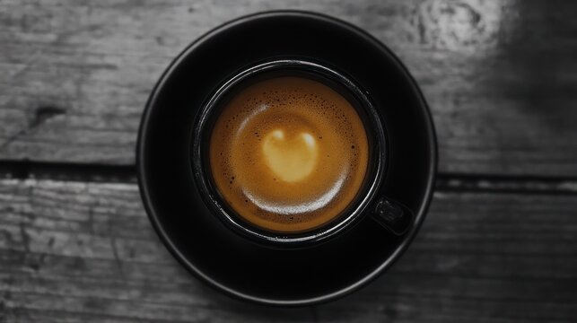 Espresso Heart: Top-Down View of Coffee in Black Cup on Wood - Powered by Adobe