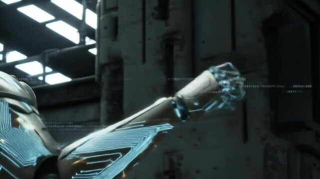 Futuristic robot arm with glowing circuit design in industrial setting