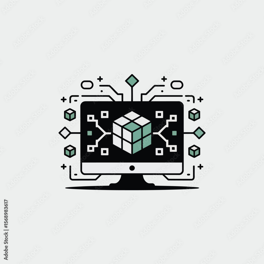 Poster minimalist vector illustration of a computer screen displaying a three dimensional cube connected to