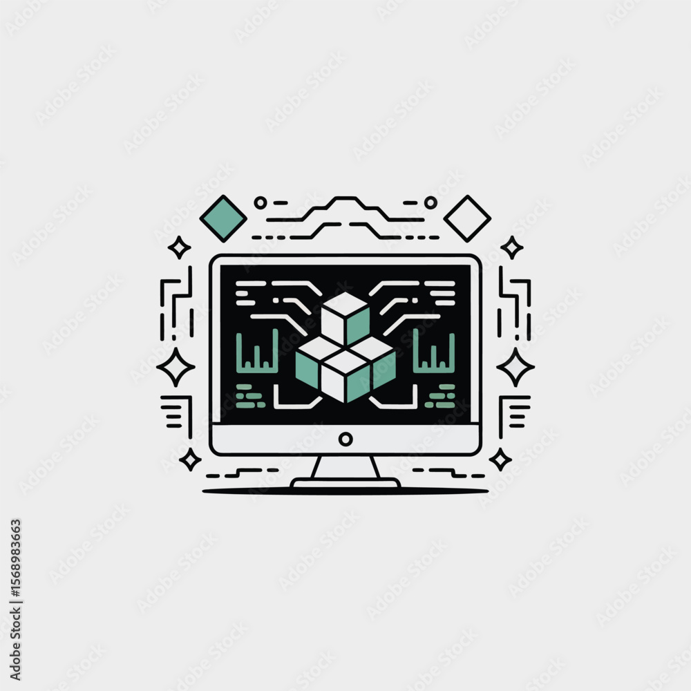 Poster minimalist vector illustration of a desktop computer displaying three interconnected teal and white 