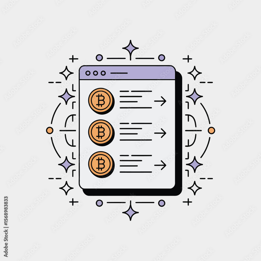 Poster minimalist vector illustration of a smartphone displaying three bitcoin transactions light purple an