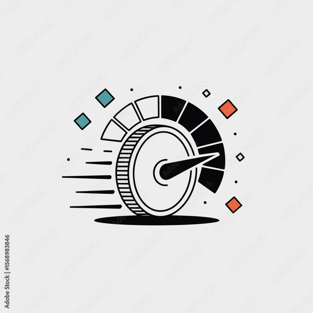 Poster minimalist vector illustration of a speedometer icon black and white with teal and orange accents sh