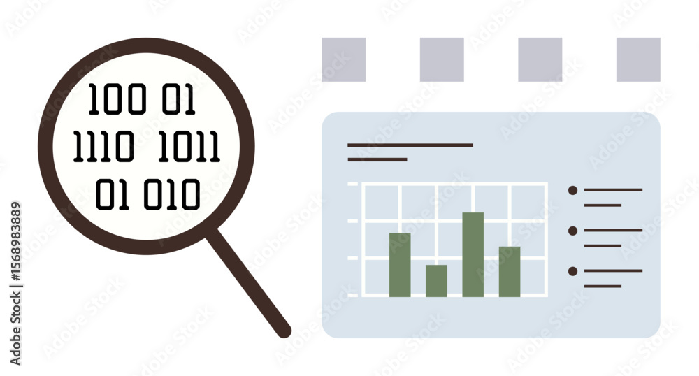 Poster magnifying glass magnifying binary data near bar chart on analytics dashboard. ideal for technology,