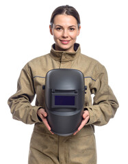 A woman in workwear holding a welding mask. The person exudes confidence and professionalism, perfect for industrial themes