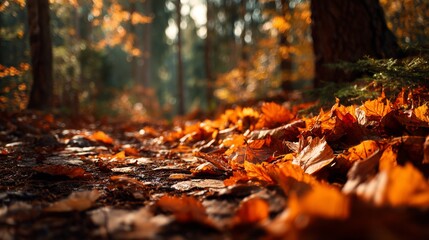 Autumn pathway covered with orange leaves in sunlit forest  