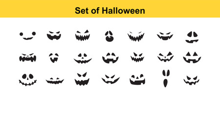 Collection of Various Halloween Pumpkin Face Carving Stencils and Ghostly Expressions
