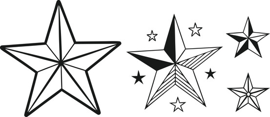 Collection of Five Pointed Star Illustrations in Black and White Outlines and Solid Shapes.