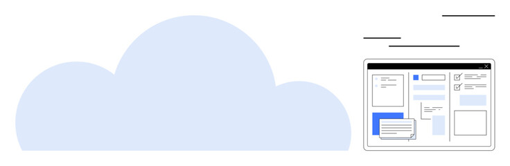 Cloud icon with a multi-tab file interface and collaboration tools. Ideal for technology, collaboration, file sharing, productivity, cloud computing, remote work, and data management. Simple flat