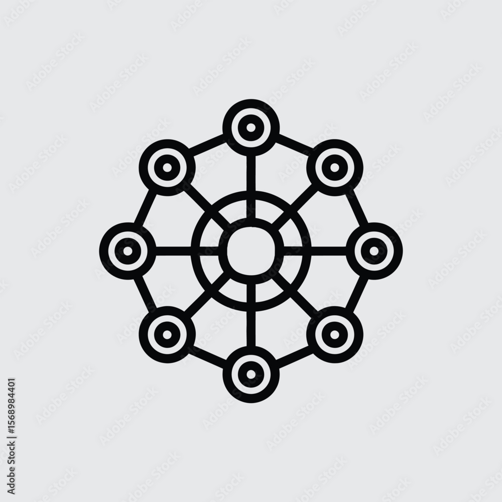 Poster minimalistic icon graphic depicting a network of eight connected nodes centralized around a larger b