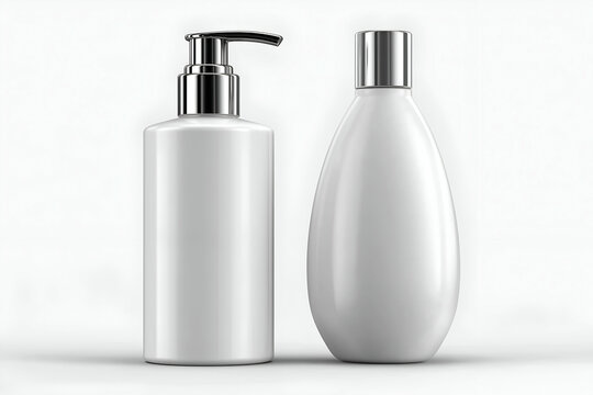 Two white bottles for cosmetics with silver caps and dispenser. Mock up promotion information for marketing announcements and details, blank white space