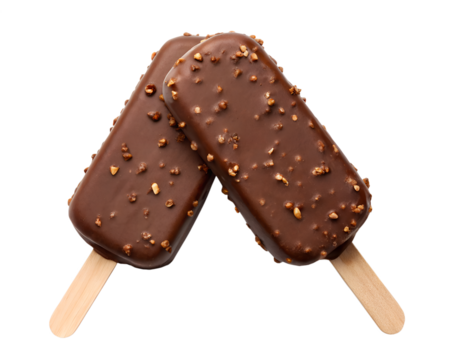 Two decadent chocolate ice cream bars with crunchy nuts isolated on transparent background