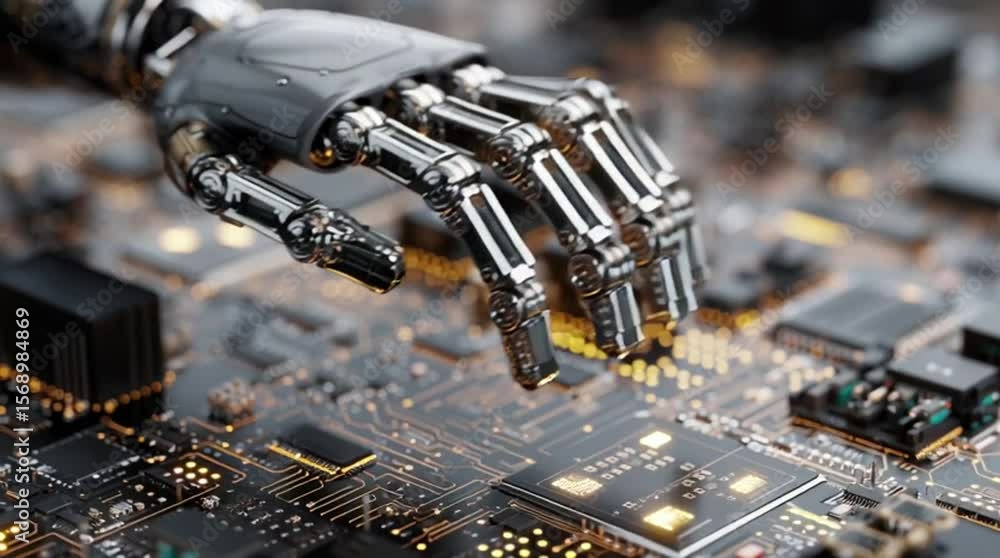 Aufkleber futuristic robotic hand interacting with circuit board, showcasing advanced technology and artificia