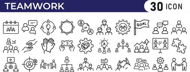 Teamwork thin line icon set. Included Teamwork, Community, People, Business, Cooperation, Partnership, Organization, Leadership, Human Resources.