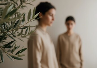 Tranquil scene with two undefined women, subtly integrated with a vibrant green branch.

