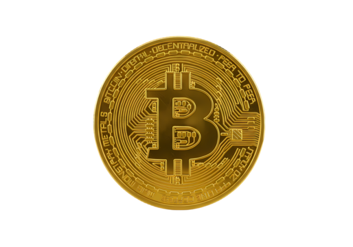 A Detailed CloseUp of a Gold Bitcoin Coin isolated on transparent background