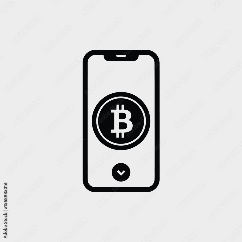 Poster simple black and white vector icon of a smartphone displaying a bitcoin symbol on a circular button 