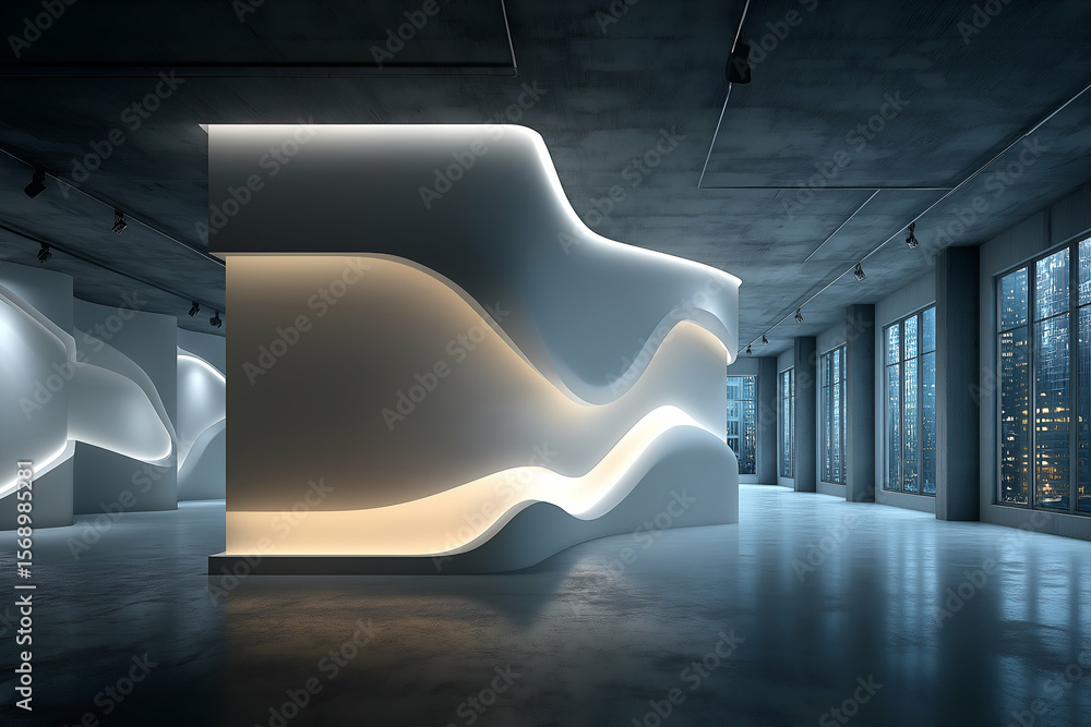 Poster modern architecture interior with curved walls and ambient lighting design. mock up promotion inform