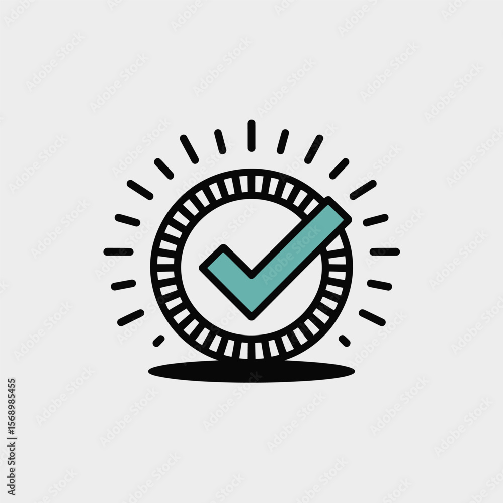 Poster teal check mark icon inside black circle with radiating black lines on light gray background minimal