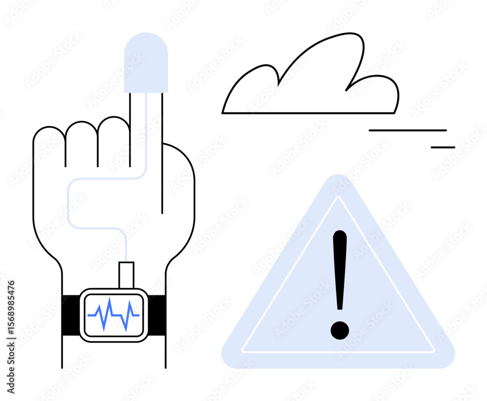 Poster finger pulse sensor and smartwatch reading with warning sign and cloud. ideal for health monitoring,