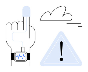Finger pulse sensor and smartwatch reading with warning sign and cloud. Ideal for health monitoring, wearable tech, fitness, wellness care, medical tech, IoT, simple landing page