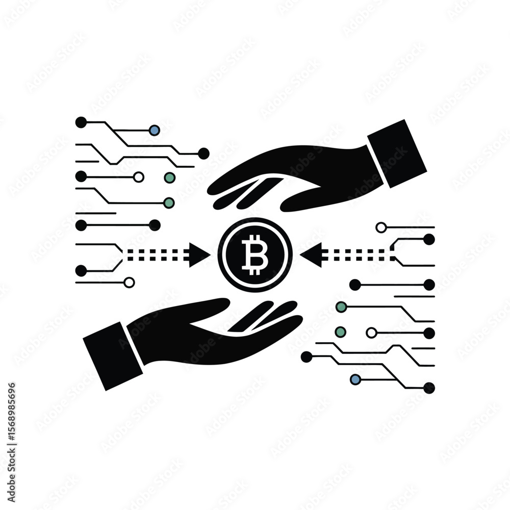 Poster two black hands exchanging a bitcoin cryptocurrency coin via a minimalist circuit board style vector