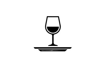 A simple black and white illustration of a wine glass with liquid on a plate on a white background