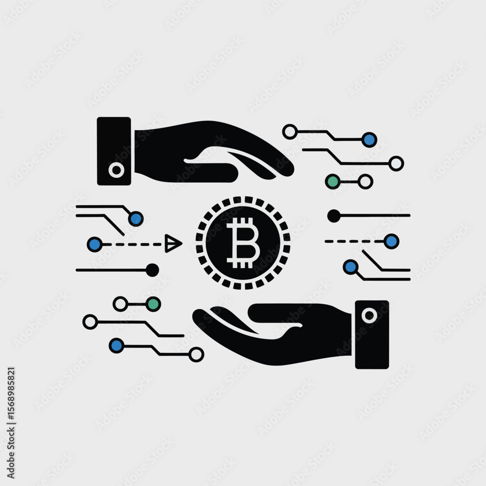 Poster two black hands gently encircling a central bitcoin icon against a light gray background with styliz