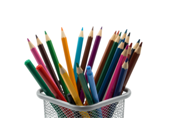 Assortment of Colored Pencils in a Mesh Container isolated on transparent baackground