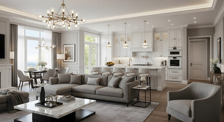 Fototapeta premium Elegant Open Concept Living Space Combining Kitchen, Dining, and Lounge Areas with Harmonious Design Elements and Natural Light