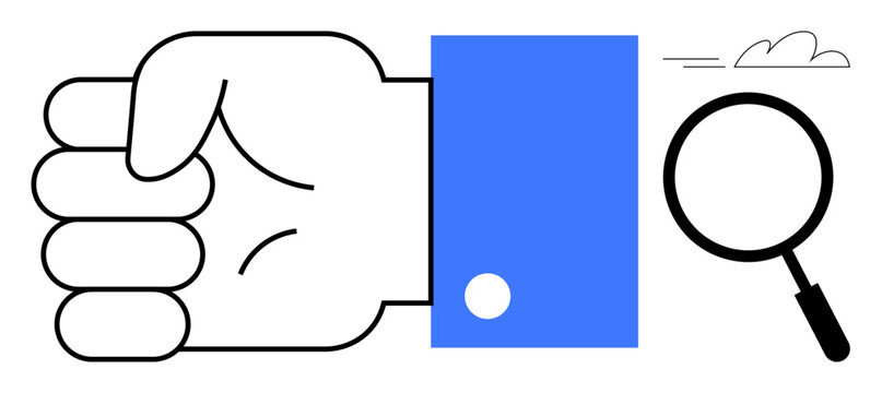 Closed hand in blue sleeve beside a magnifying glass, evoking focus, determination, and exploration. Ideal for analysis, research, problem-solving, strategy, focus action simple flat metaphor