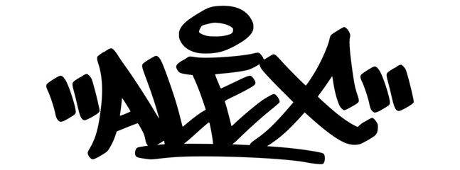 Graffiti tag text “Alex” in bold hand-drawn street art style. Urban vector lettering with a personal vibe, perfect for custom designs, fashion, and merchandise.