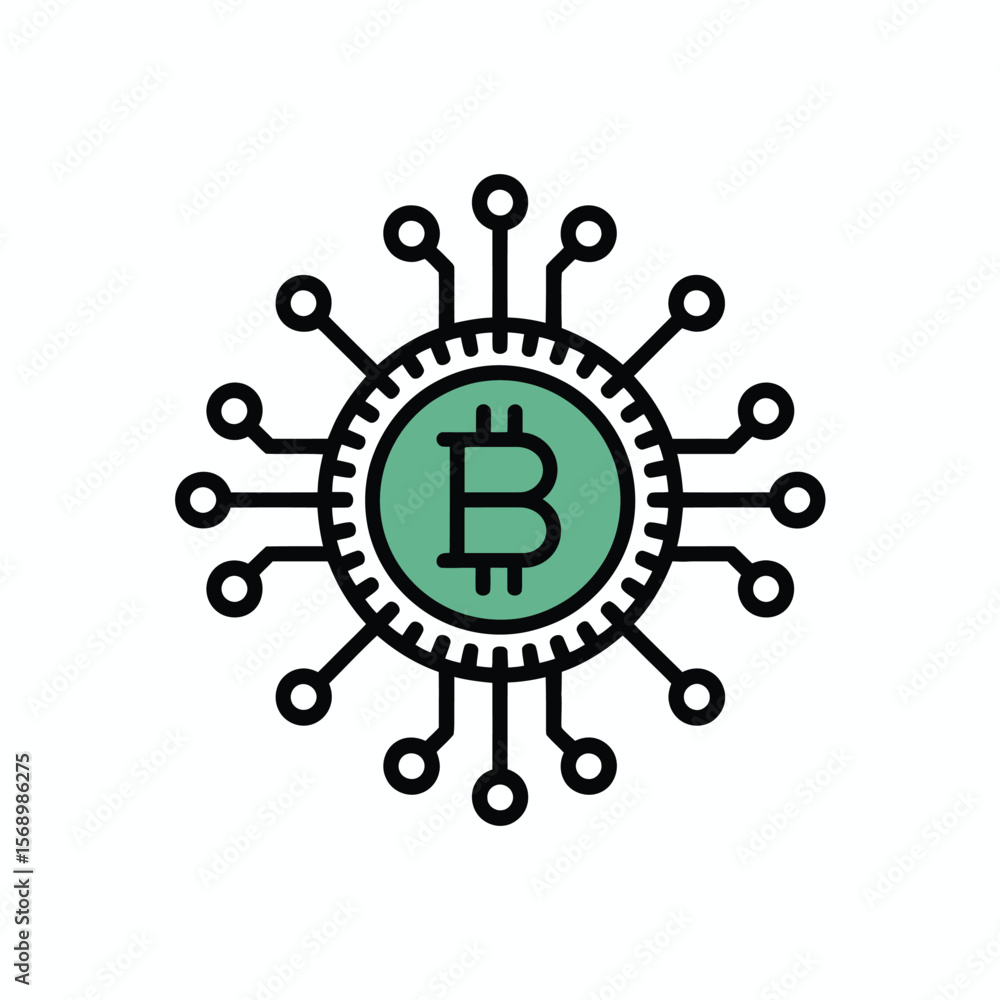 Poster vector icon illustration of a bitcoin cryptocurrency symbol within a circular circuit board design f