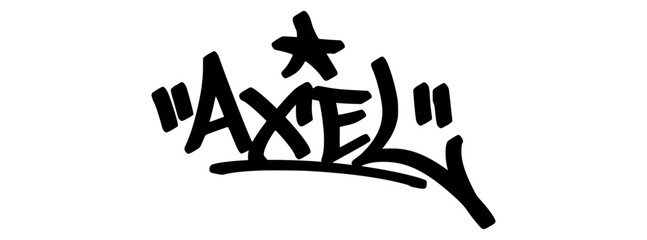 Graffiti tag text “Axel” in bold hand-drawn street art style. Urban vector lettering with a personal vibe, perfect for custom designs, fashion, and merchandise.