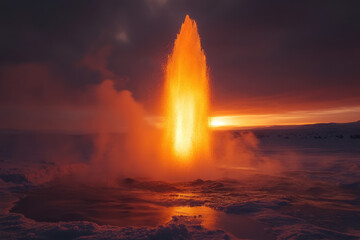 A fiery geyser erupting in the Icelandic geothermal area, at sunset