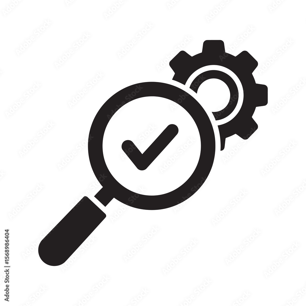Poster quality control inspection icon with magnifying glass checkmark and gears for process review operati