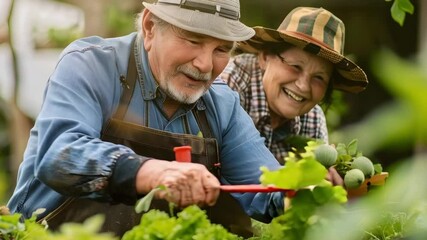 Elderly couple gardening outdoors, harvesting fresh green vegetables, enjoying joyful outdoor activity with green plants and natural light - Powered by Adobe